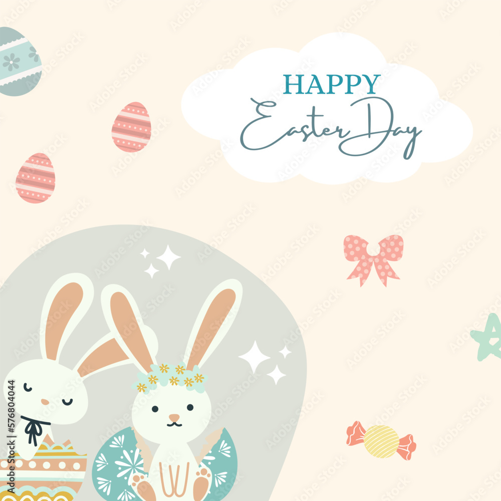 Happy easter day celebration card with colorful egg and bunnies. Vector illustration banner or poster Happy easter day celebration card with colorful egg and bunnies. Vector illustration banner or poster