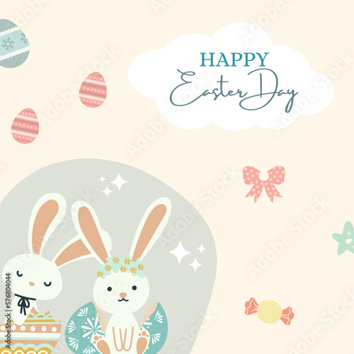 Happy easter day celebration card with colorful egg and bunnies. Vector illustration banner or poster