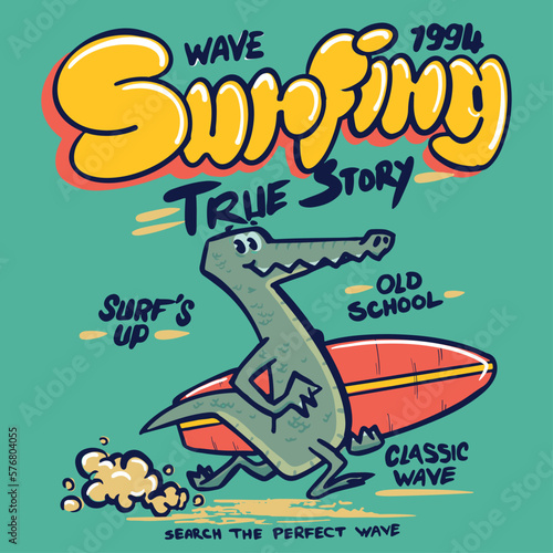 Photography illustration of a cute crocodile surfing