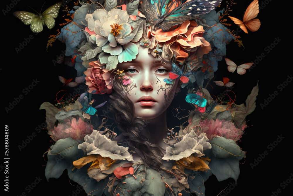 Flower Queen surreal portrait of a woman adorned with blooming flowers and fluttering butterflies, generative ai