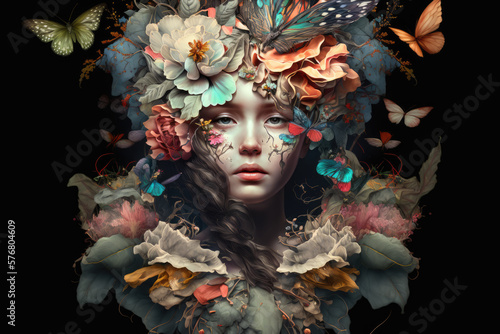 Flower Queen surreal portrait of a woman adorned with blooming flowers and fluttering butterflies, generative ai © aicandy