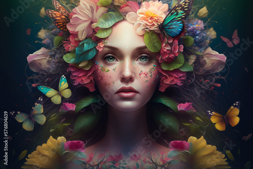 Flower Queen surreal portrait of a woman adorned with blooming flowers and fluttering butterflies, generative ai