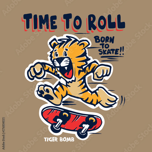 illustration of a tiger skateboarding. print design for kids t shirt