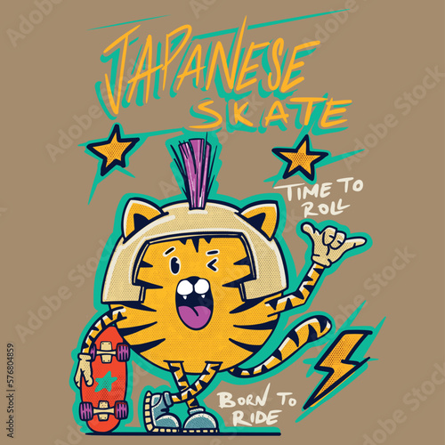 vector skateboarder cute tiger japan anime style illustration