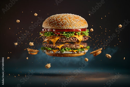 Delicious zinger burger floating in the air generative ai