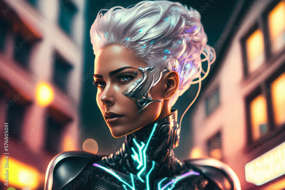 Futuristic woman with silver hair and a sleek black bodysuit in a neon-lit cityscape, generative ai