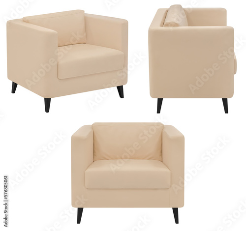Upholstered armchair for the office or at home. Isolated from the background. In different angles. Interior element