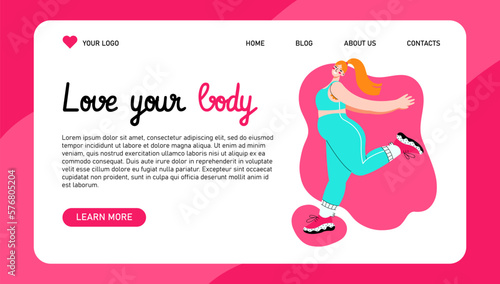 Attractive overweight woman with armpit hair. Happy body positive and love yourself concept. Landing page or web banner. photo