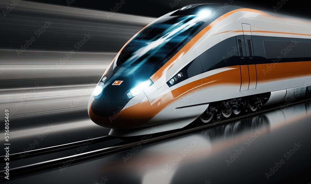 a modern high speed train speeding through a tunnel of smoke and light in a black and white background with a reflection on the floor of the train. generative ai a modern high speed train speeding through a tunnel of smoke and light in a black and white background with a reflection on the floor of the train. generative ai