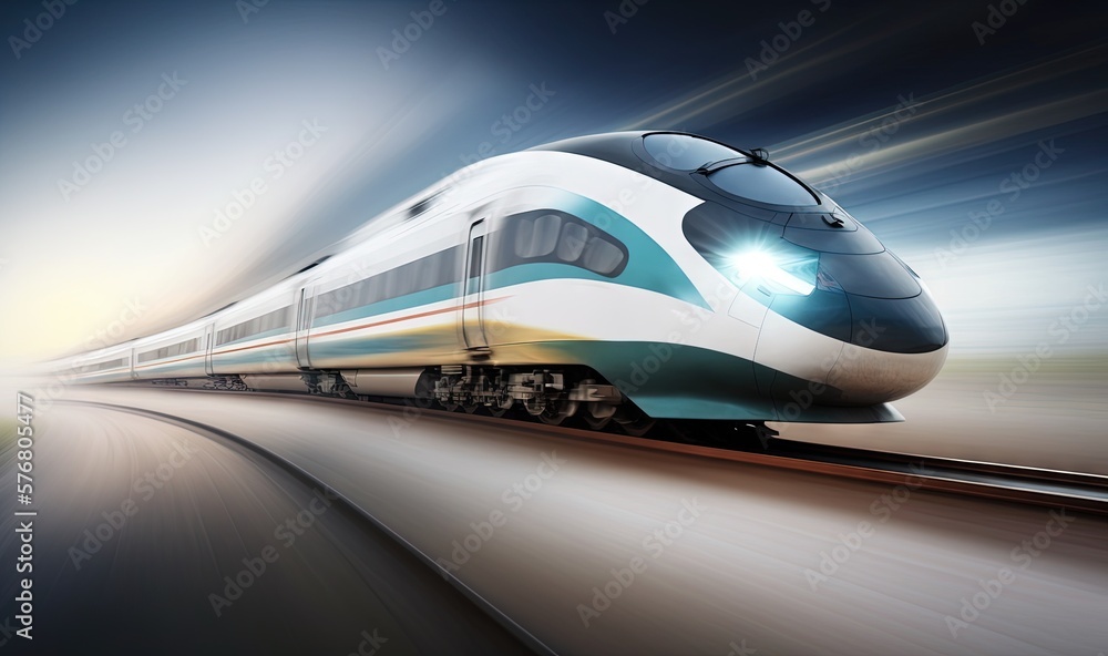 a high speed train speeding through the night time scene with motion blurry behind it and a bright light shining on the front of the train.  generative ai