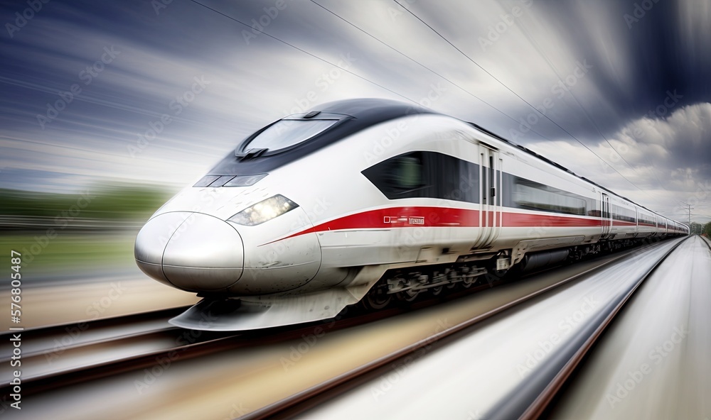a high speed passenger train speeding down the tracks with motion blurry behind it and a blue sky with white clouds and a red stripe. generative ai a high speed passenger train speeding down the tracks with motion blurry behind it and a blue sky with white clouds and a red stripe. generative ai