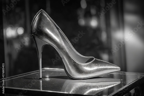  a silver high heeled shoe sitting on top of a table next to a mirror wall in a room filled with lights and a black and white backdrop.  generative ai © Shanti