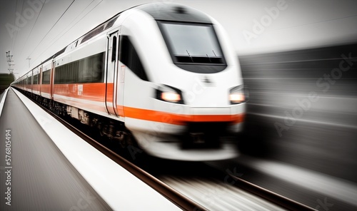  a white and orange train traveling down train tracks next to a loading platform with power lines in the background and power lines in the foreground. generative ai