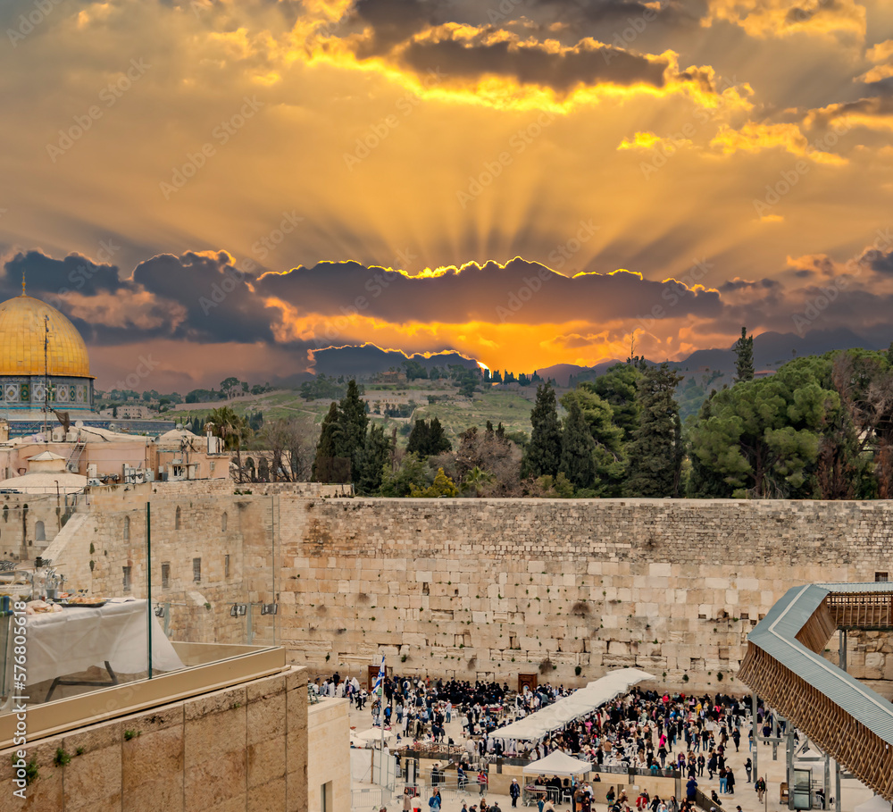 Panorama. Ruins of Western Wall of ancient Temple Mount is a major