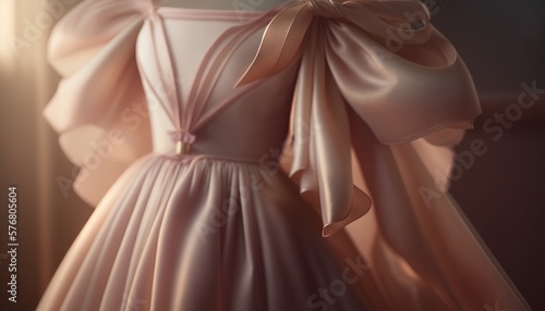  a pink dress with a bow on the back of the dress is hanging on a clothes hanger in a room with a light coming through the window.  generative ai