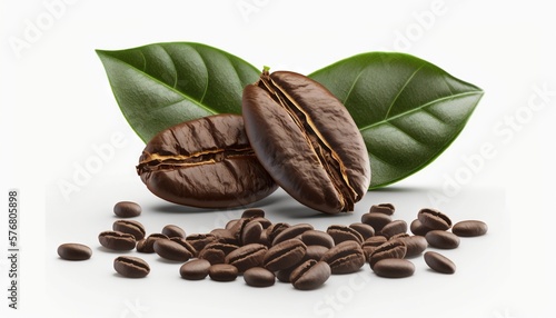  two coffee beans and a green leaf on a white background with clipping path to the top of the image and the bottom half of the beans. generative ai