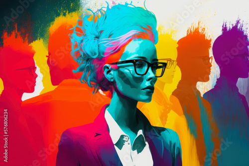 Neon portrait of a businesswoman with colorful hair and trendy fashion, standing out from the crowd, generative ai