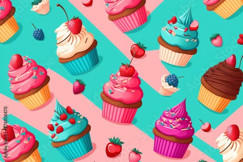 Seamless pattern with doodle-style cupcakes. Different cupcakes with different fillings and toppings. Colorful vector illustration on pink background Generative AI
