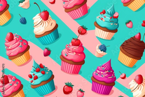 Wallpaper Mural Seamless pattern with doodle-style cupcakes. Different cupcakes with different fillings and toppings. Colorful vector illustration on pink background Generative AI Torontodigital.ca