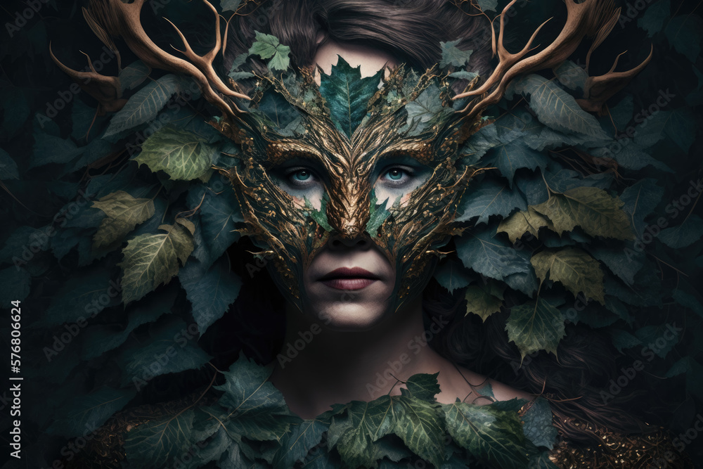 Portrait of a masked woman with a surreal mask that resembles a forest creature, generative ai