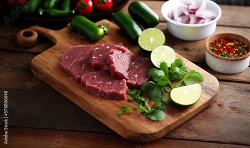  a wooden cutting board topped with meat and veggies next to a bowl of peppers and a bowl of chilis and a bowl of peppers. generative ai