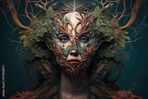 Portrait of a masked woman with a surreal mask that resembles a forest creature, generative ai © aicandy
