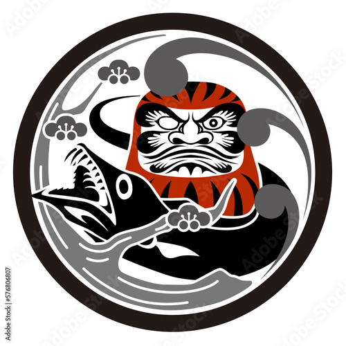 家紋風デザイン / 梅とだるまと太刀魚