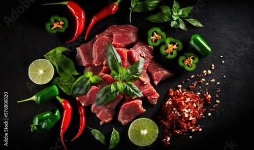  a black table topped with sliced meat and green peppers next to peppers and limes on top of a black tablecloth with a black background. generative ai