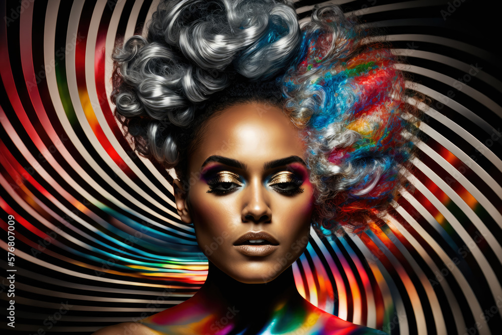 portrait of a woman with a colorful, glittery makeup and hair styled into a spiral, wearing a shiny silver dress, generative ai