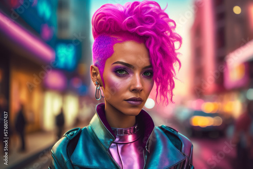 Portrait of a woman with pink hair wearing a neon suit in a futuristic city, generative ai © aicandy