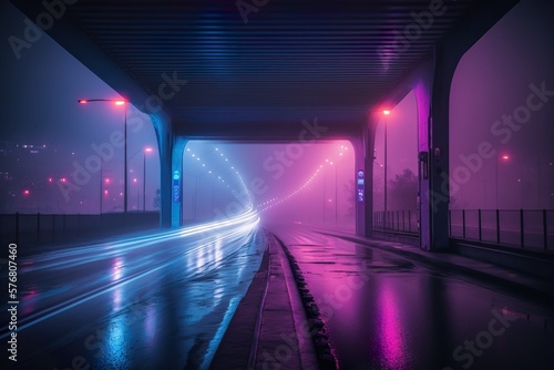 Perspective Neon Glow. Violet Blue Night city lights. Neon urban future. Rainy Futuristic city in a cyberpunk style. Wet road reflecting glowing neon lights. Photorealistic Generative AI illustration.