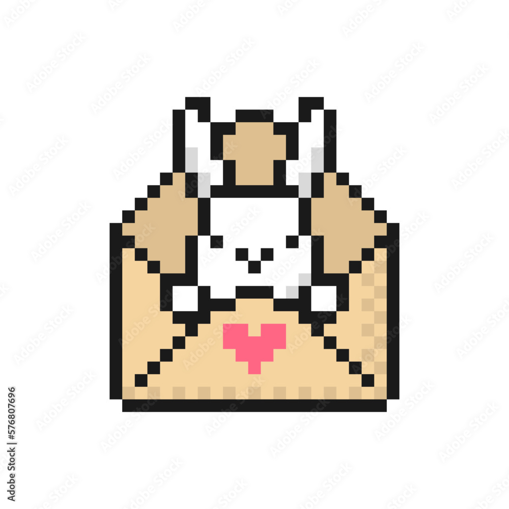 Fototapeta premium Easter bunny sitting in an envelope - icon in pixel art style. Vector symbol, isolated on a white background