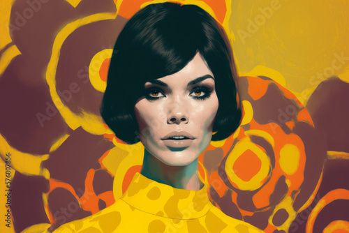 Retro-inspired abstract portrait of a stunning brunette in a vibrant yellow dress, generative ai