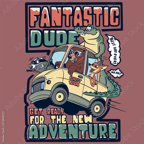 animal inside a car.fox , bear, racoon and alligator cartoon character illustration 