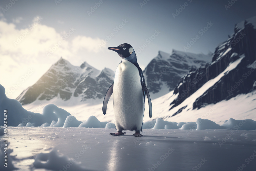 Adult penguin. Standing on snow. With beautiful snowy landscape behind. Generative AI
