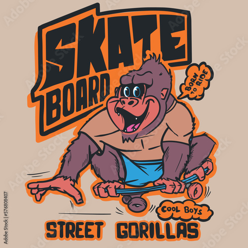 illustration of a cute cheerful gorilla skateboarding