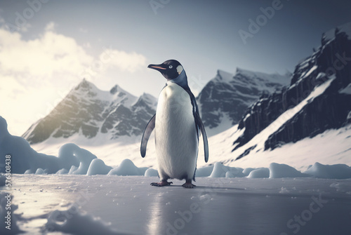 Adult penguin. Standing on snow. With beautiful snowy landscape behind. Generative AI