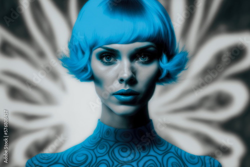 Surreal Portrait Beautiful Woman with a Mesmerizing Blue Bob and a Whimsical Dress  generative ai
