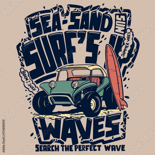 slogan illustration with surf cart and surfboard