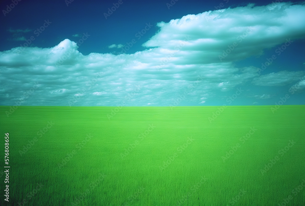 Fresh green field spring landscape with blue sky. Minimalistic empty scene. Generative AI