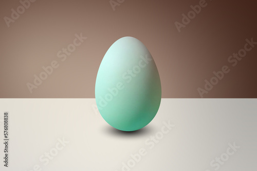 green Egg in front of a brown wall and on a white floor
