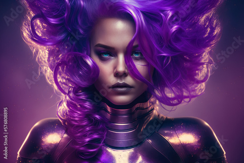 Surreal Portrait of a Woman with Glowing Purple Hair, Dressed in a Metallic Outfit, generative ai