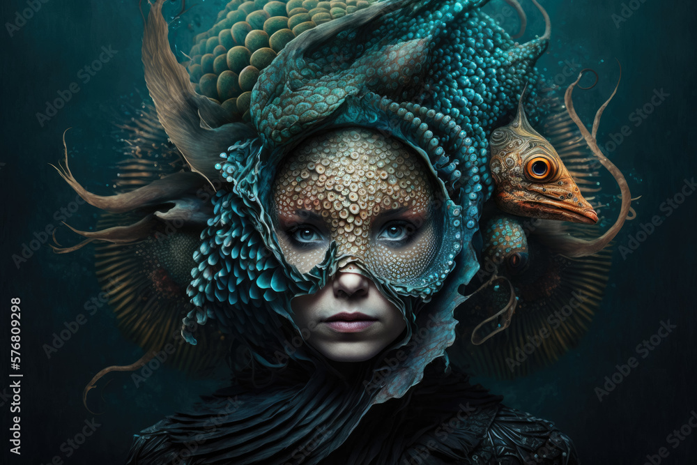 Surreal woman with a mask that looks like a sea creature, generative ai