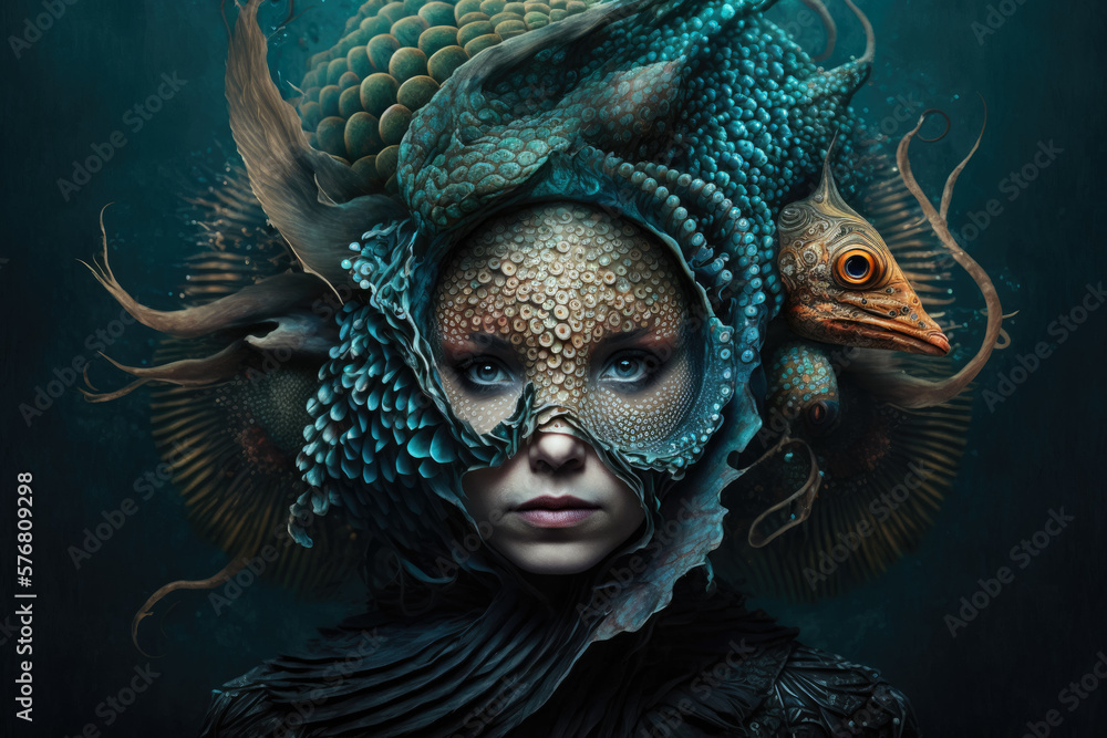 Surreal woman with a mask that looks like a sea creature, generative ai Surreal woman with a mask that looks like a sea creature, generative ai