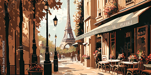 A drawing, a sketch of a Parisian street, cafes, shops, beautiful season, charming atmosphere, ai generative