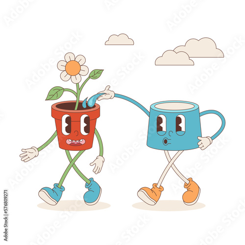 Funny characters in retro groove style, a watering can and a homemade flower in a pot. Illustration encouraging the planting of a flower on earth day