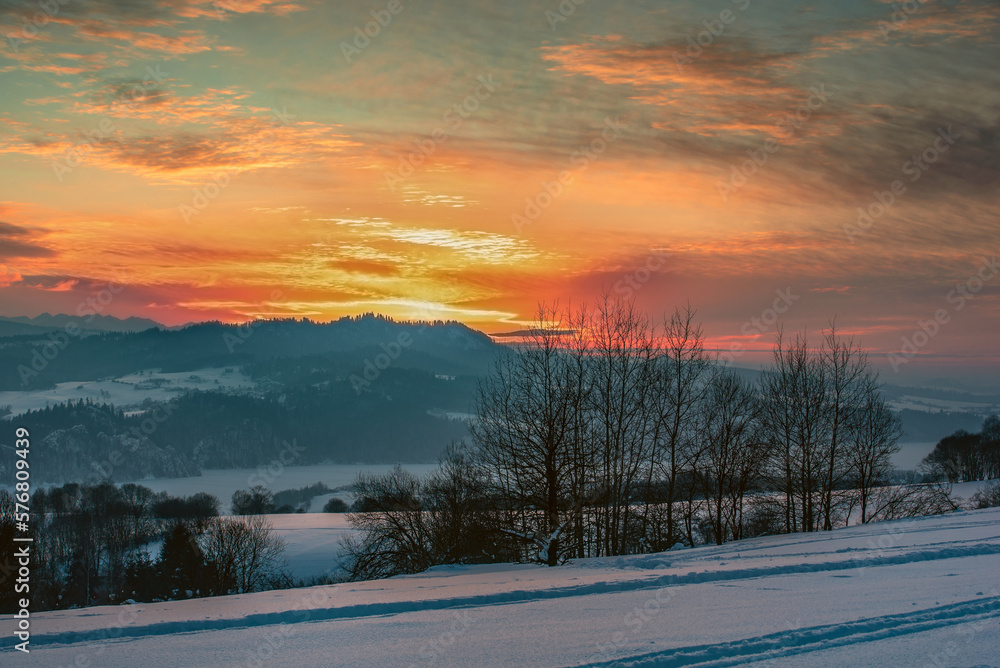 colorful winter orange sunset in the mountains - obrazy, fototapety, plakaty 