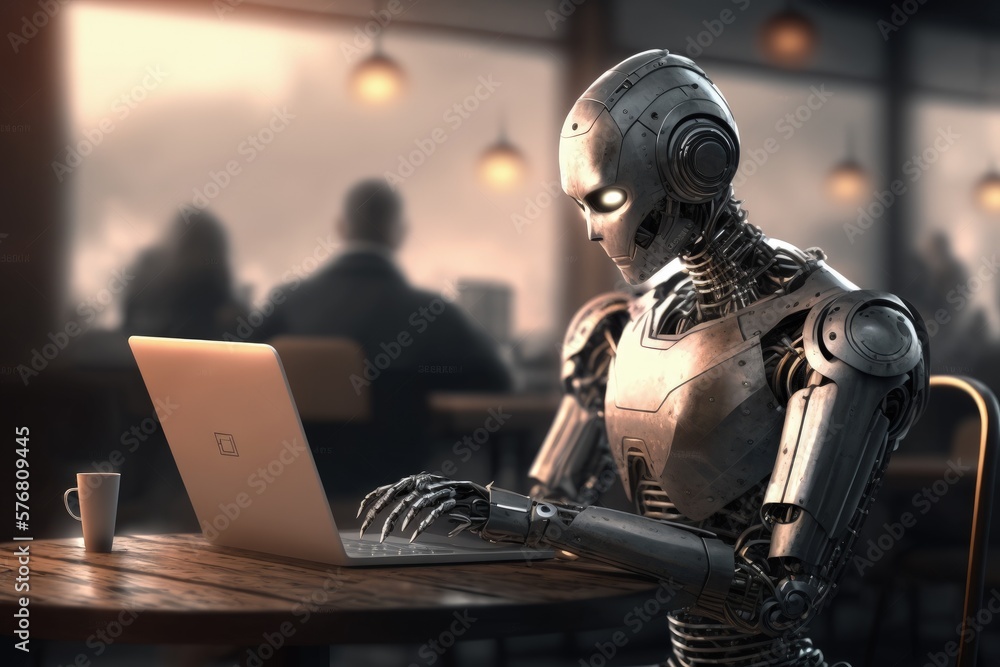 Artificial intelligence robot using laptop at table in coffee shop, Generative AI Artificial intelligence robot using laptop at table in coffee shop, Generative AI