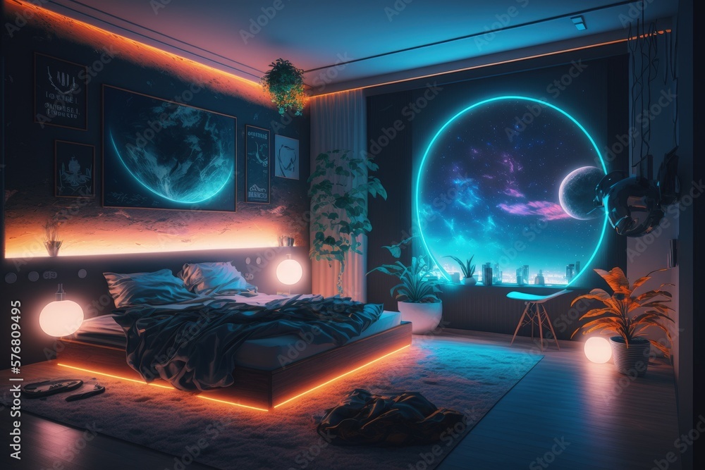 Bedroom with decoration of universe and space. Room with led and neon lighting, Generative AI