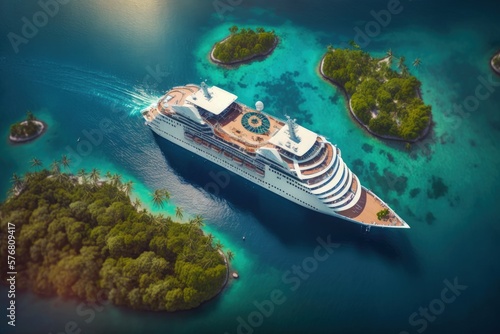 Cruise ship docked at tropical island resort, Modern and luxurious cruise ship, Generative AI